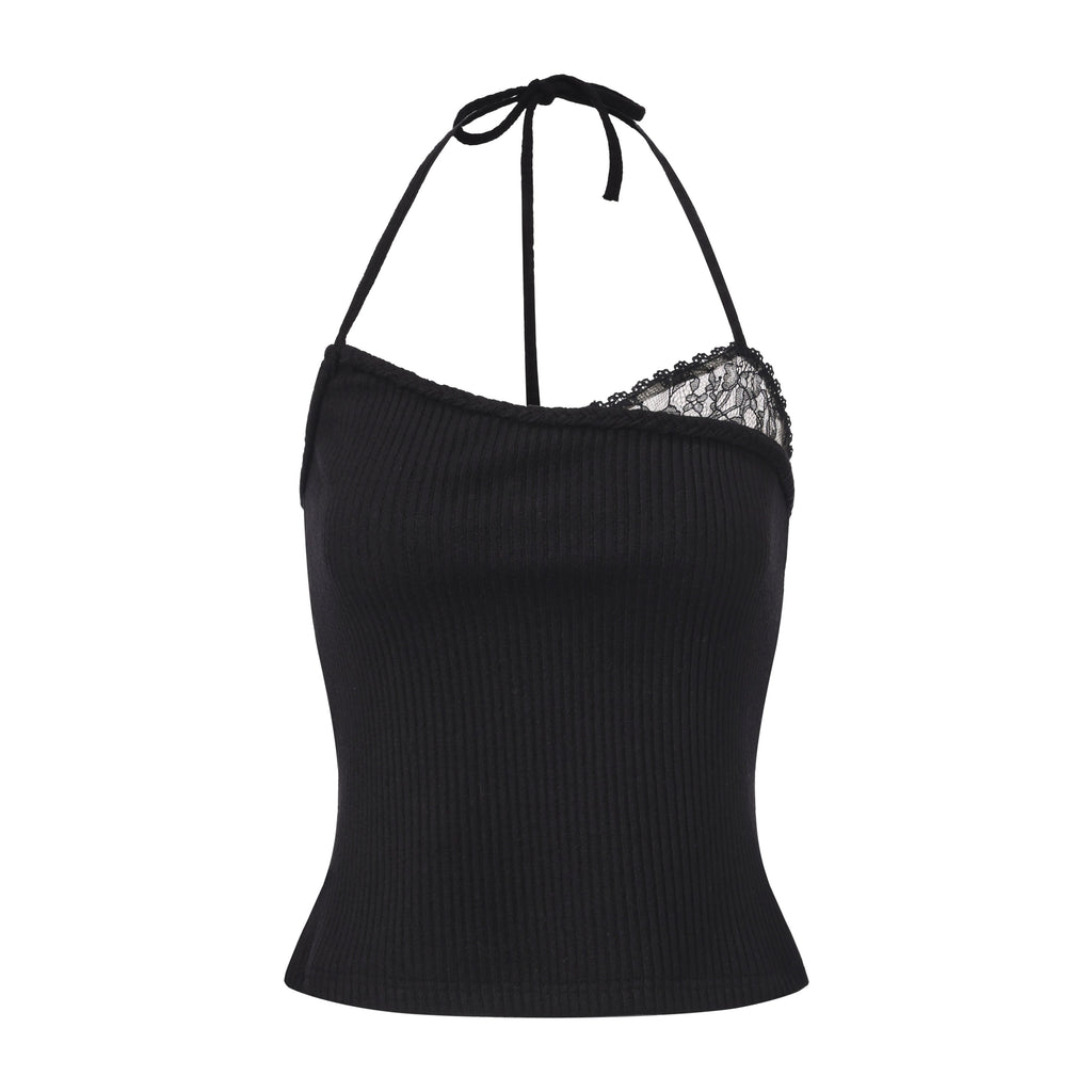 Black halterneck knit top with lace panels