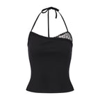 Black halterneck knit top with lace panels