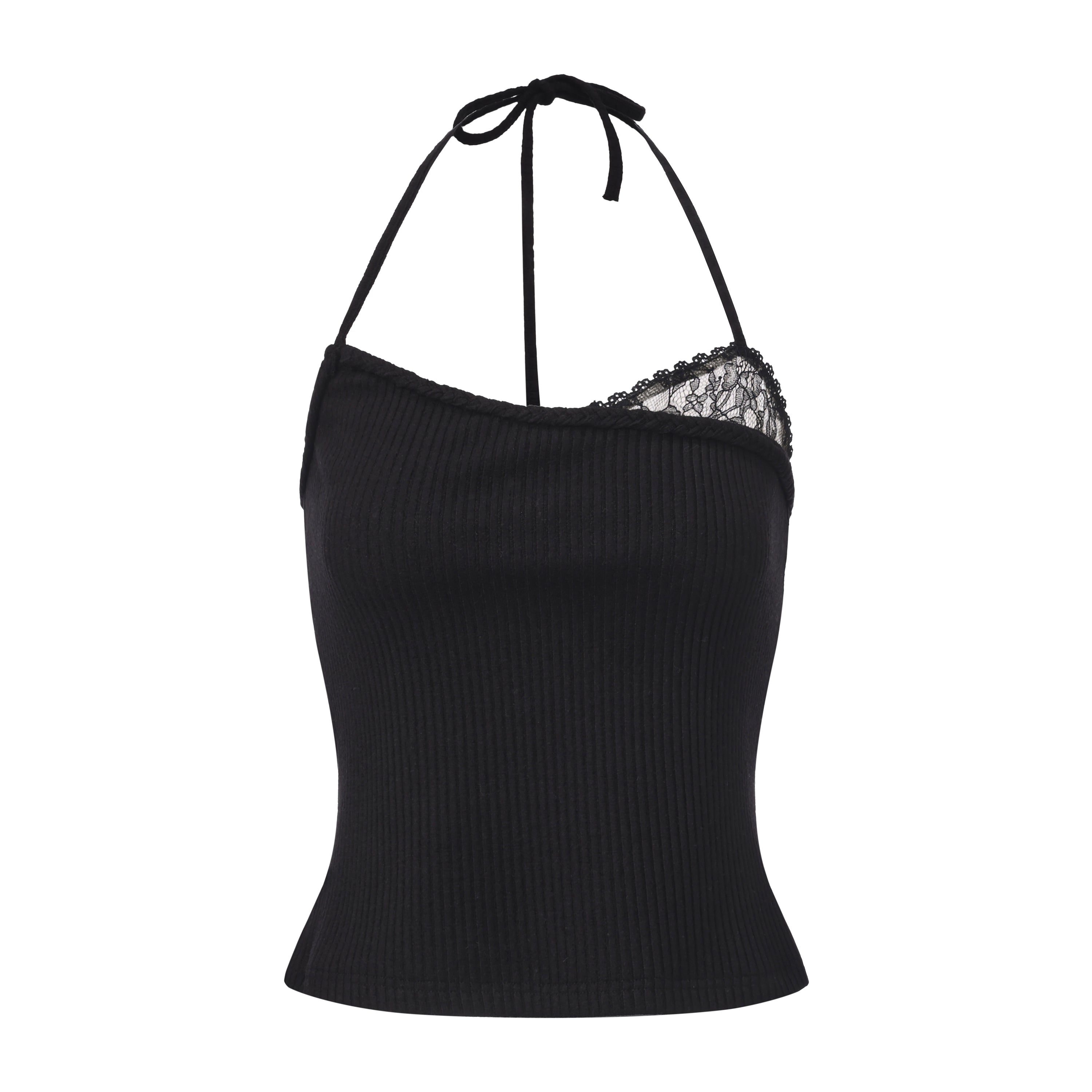 Black halterneck knit top with lace panels