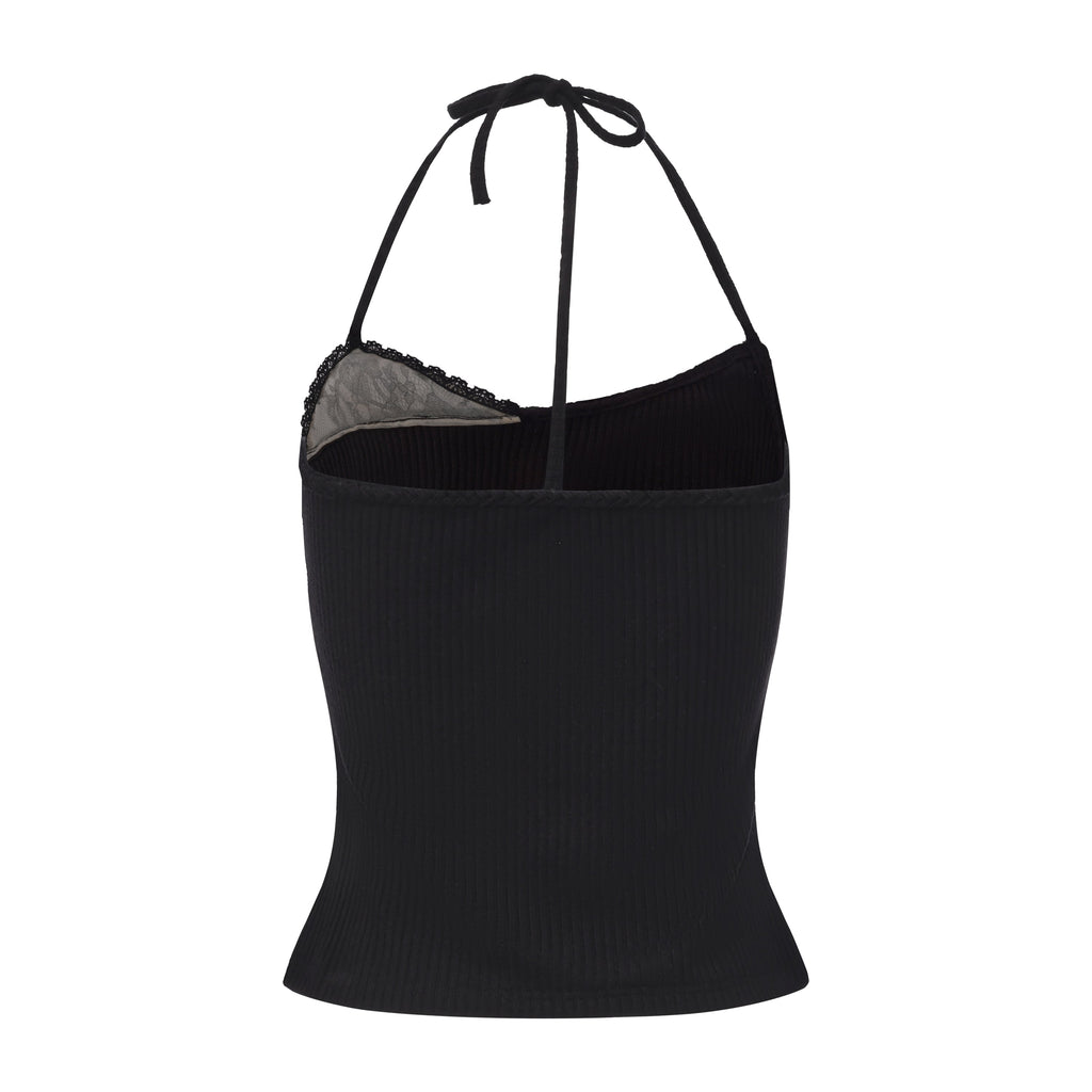 Black halterneck knit top with lace panels