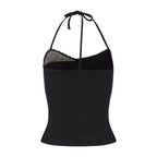 Black halterneck knit top with lace panels