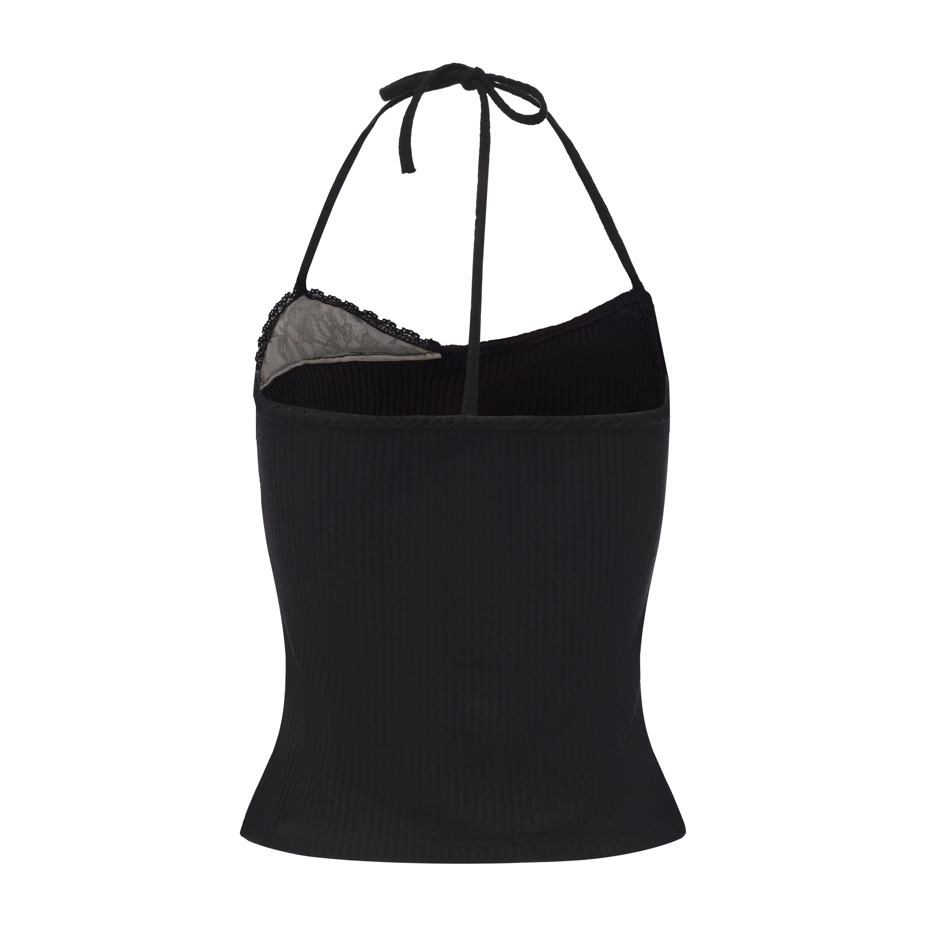 Black halterneck knit top with lace panels