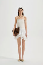 White Halterneck Knit Top With Lace Panels