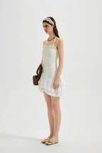 White Halterneck Knit Top With Lace Panels