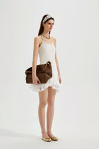 White Halterneck Knit Top With Lace Panels