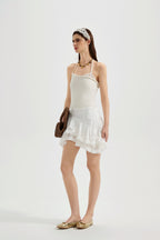 White Halterneck Knit Top With Lace Panels