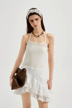 White Halterneck Knit Top With Lace Panels