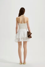 White Halterneck Knit Top With Lace Panels