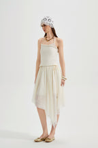 White Halterneck Knit Top With Lace Panels