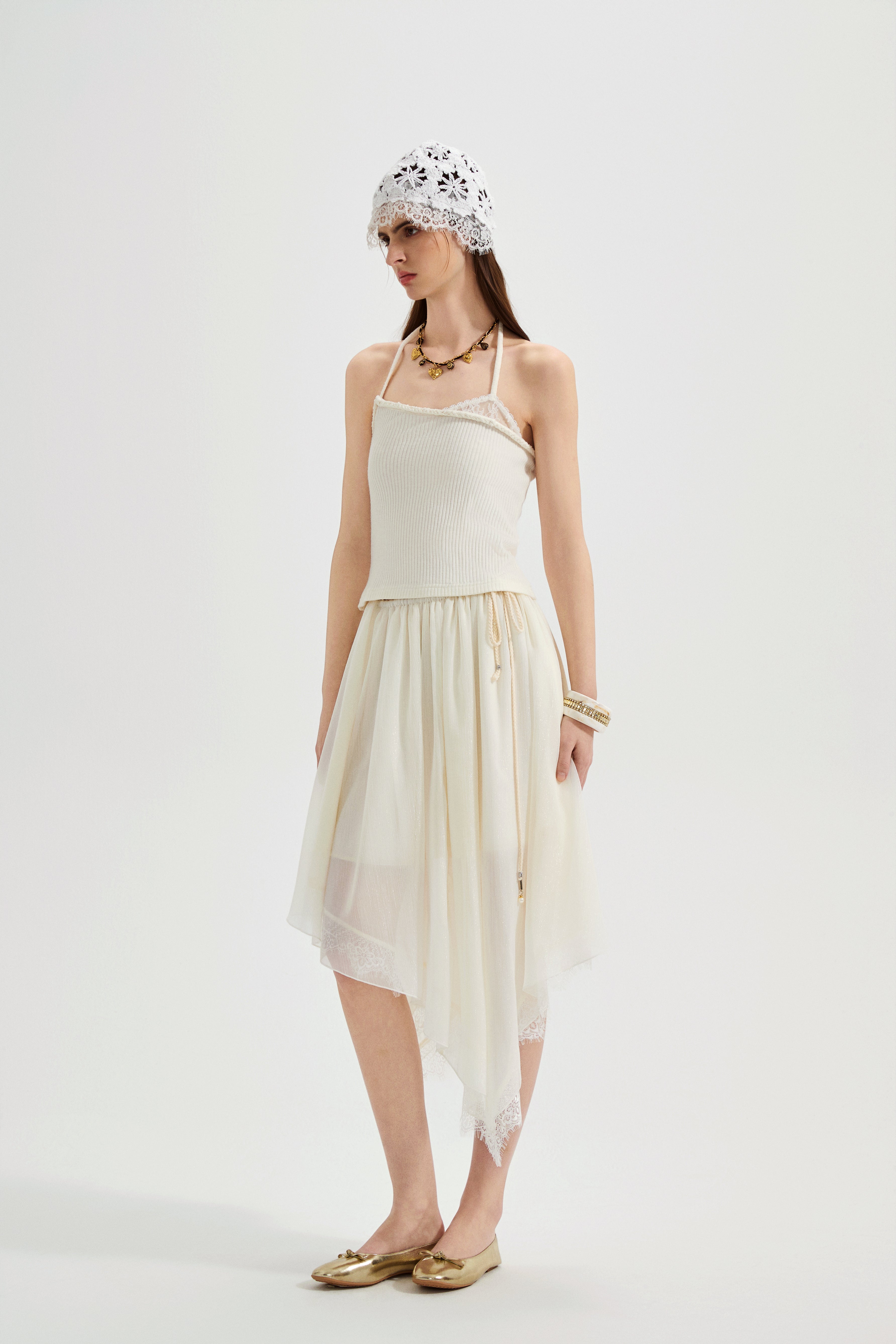 White Halterneck Knit Top With Lace Panels