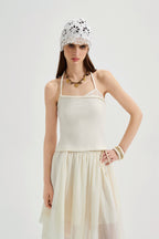 White Halterneck Knit Top With Lace Panels