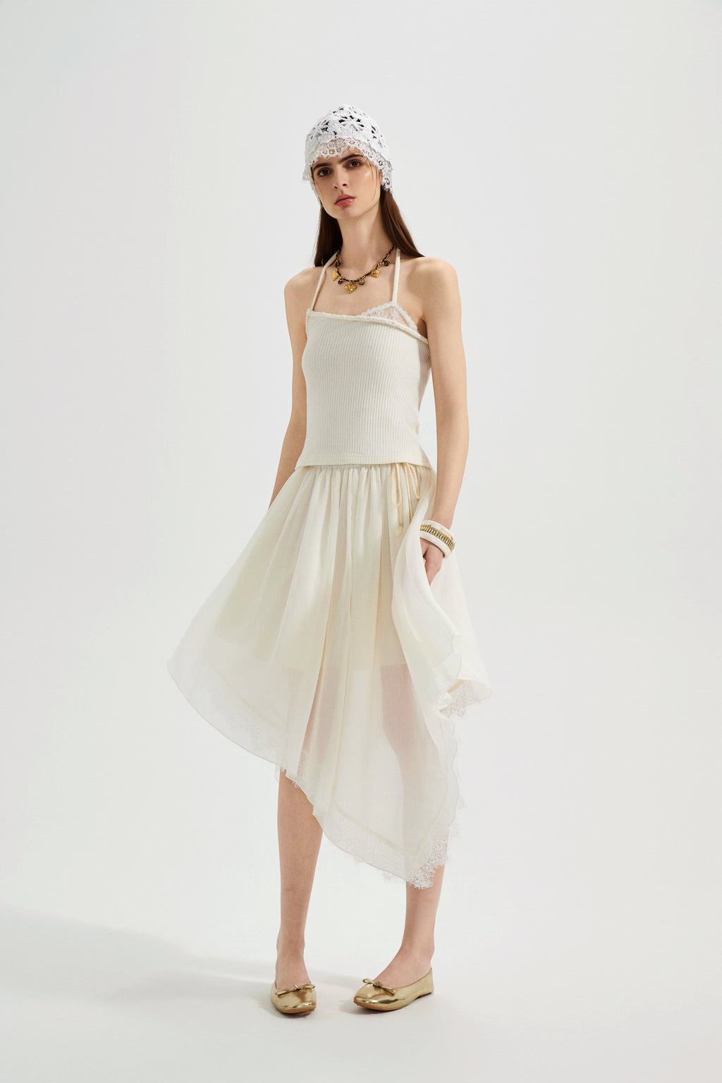 White Halterneck Knit Top With Lace Panels