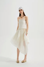 White Halterneck Knit Top With Lace Panels