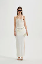 White Halterneck Knit Top With Lace Panels