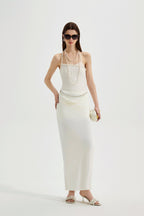 White Halterneck Knit Top With Lace Panels