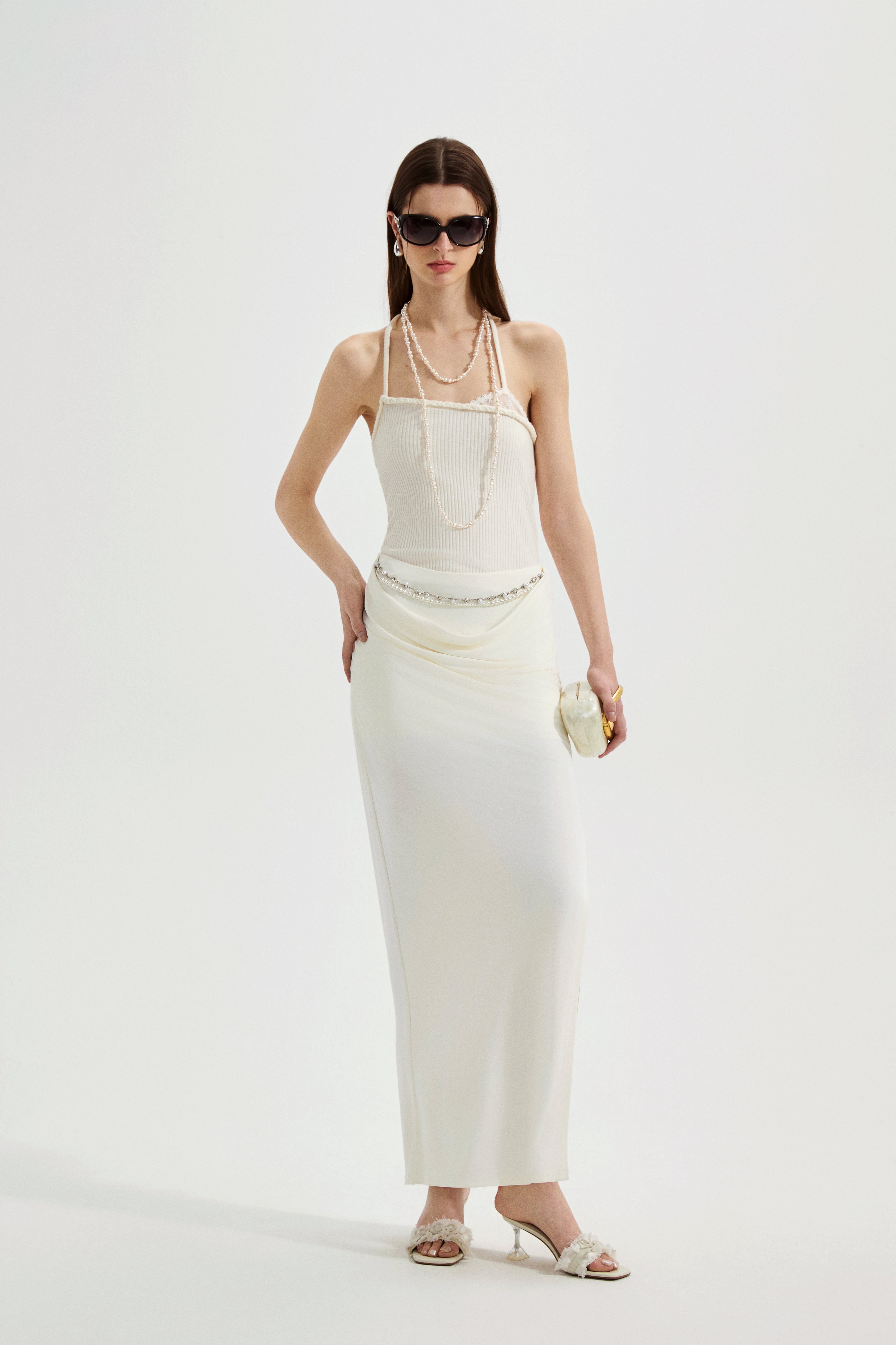 White Halterneck Knit Top With Lace Panels