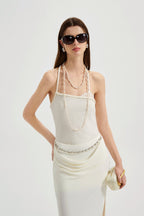 White Halterneck Knit Top With Lace Panels