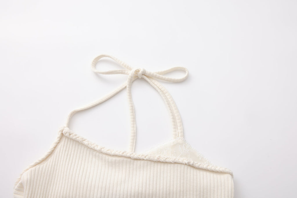 White Halterneck Knit Top With Lace Panels