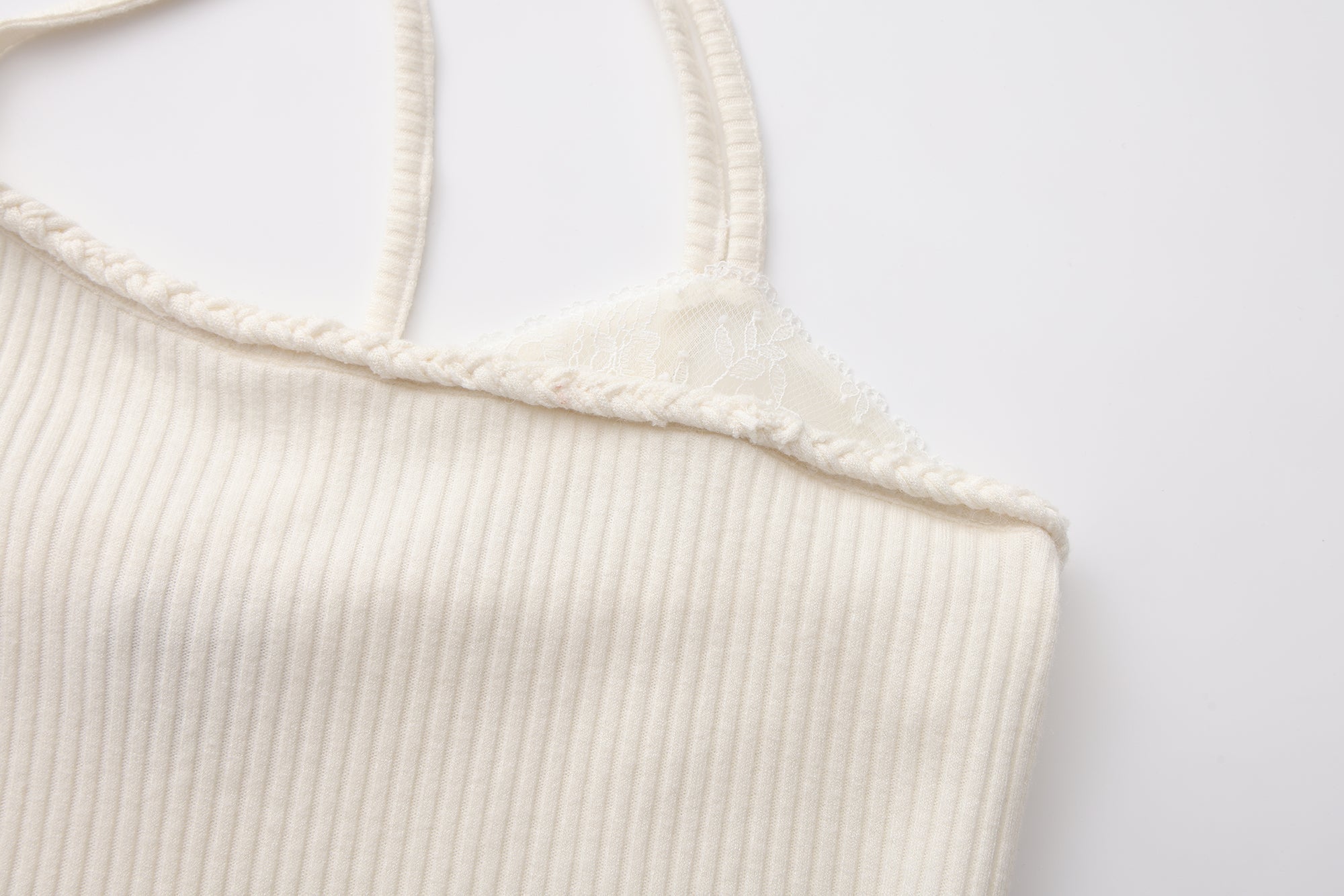 White Halterneck Knit Top With Lace Panels