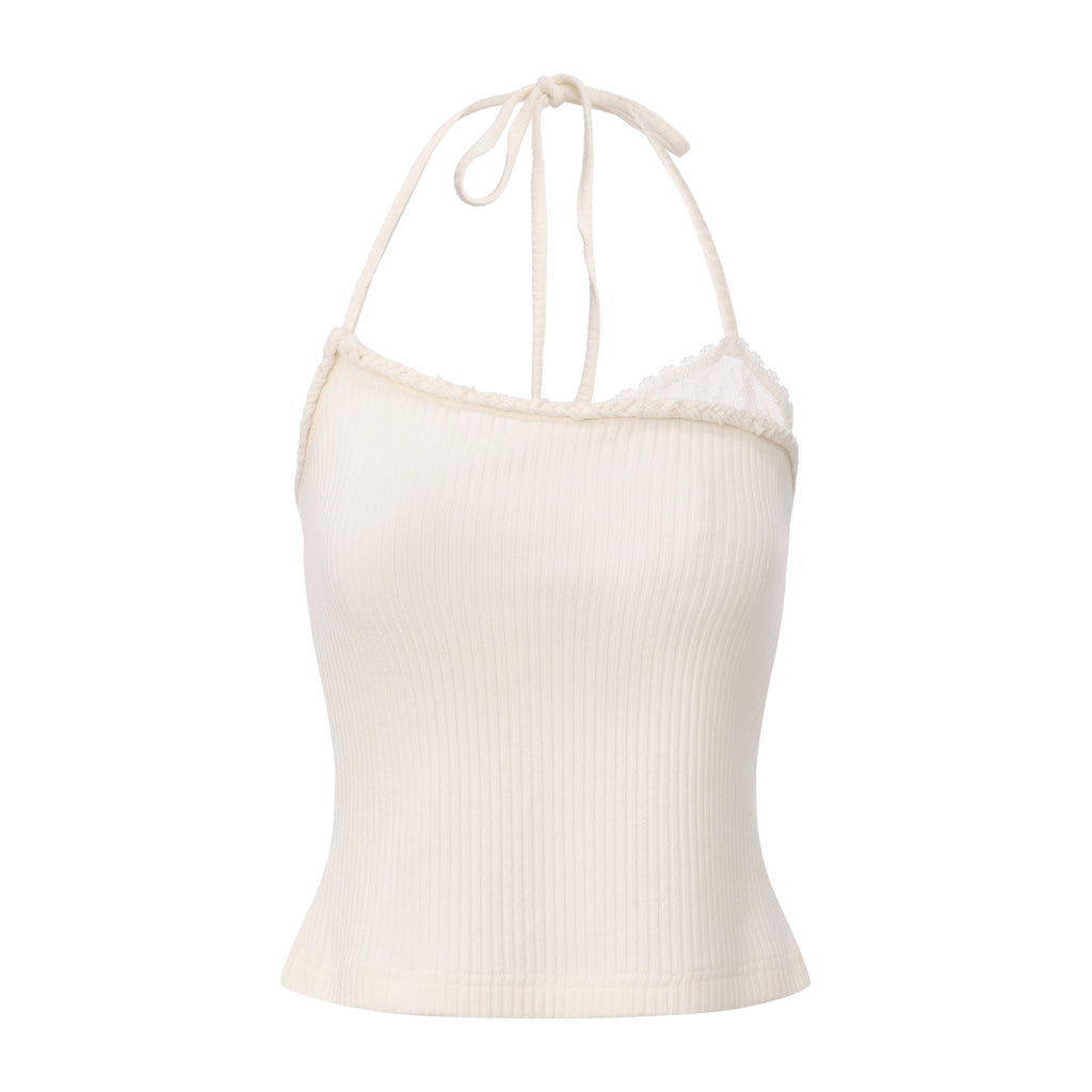 White Halterneck Knit Top With Lace Panels