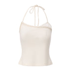 White Halterneck Knit Top With Lace Panels