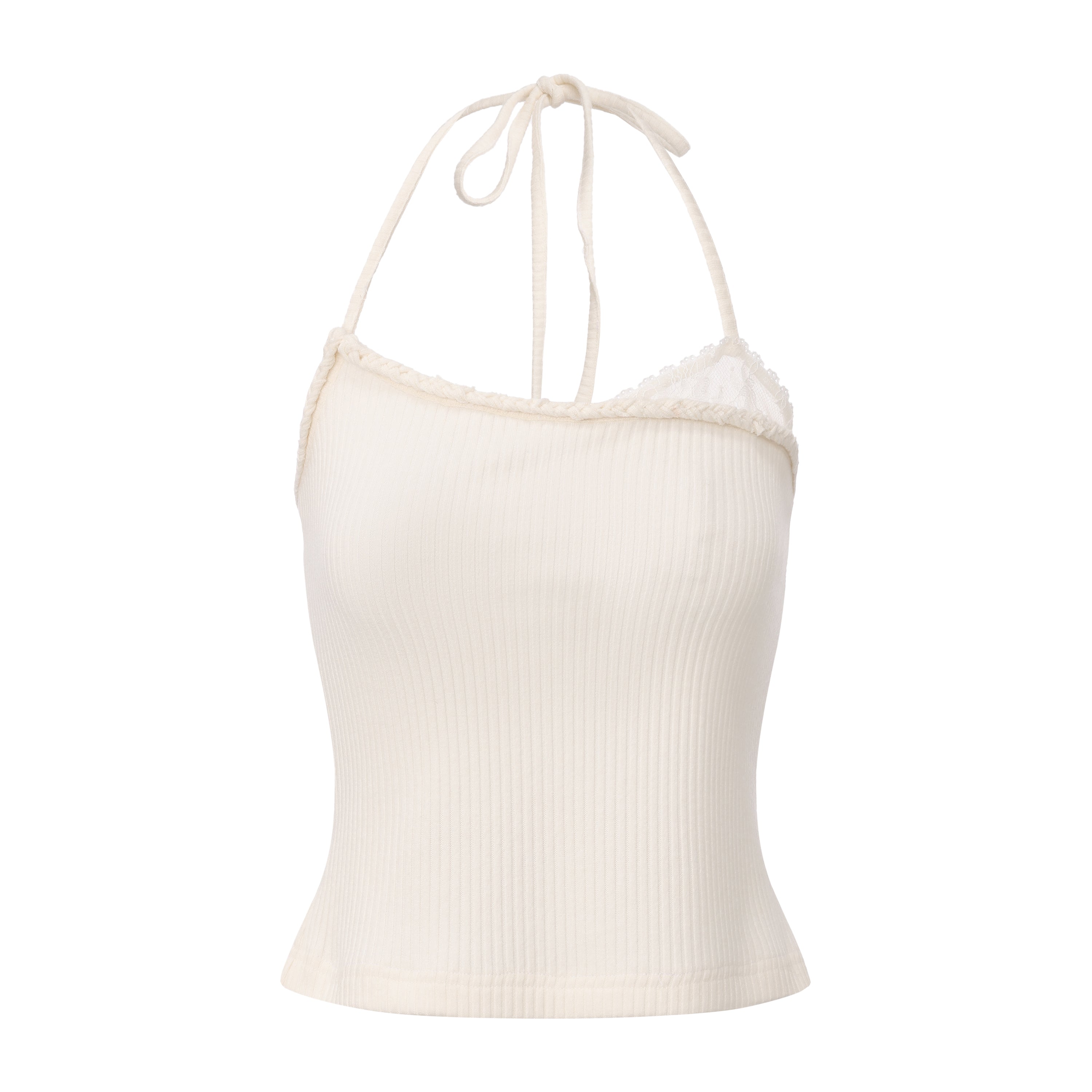 White Halterneck Knit Top With Lace Panels