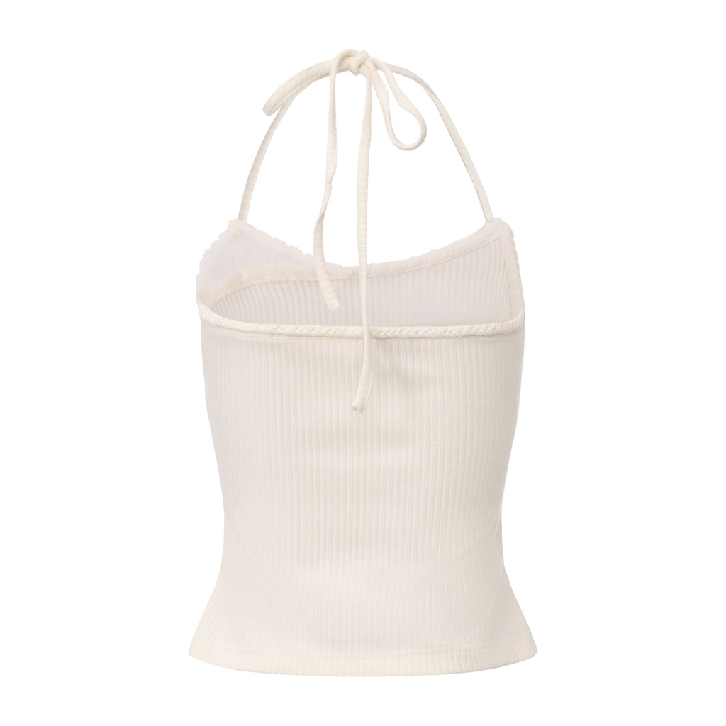 White Halterneck Knit Top With Lace Panels