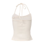 White Halterneck Knit Top With Lace Panels