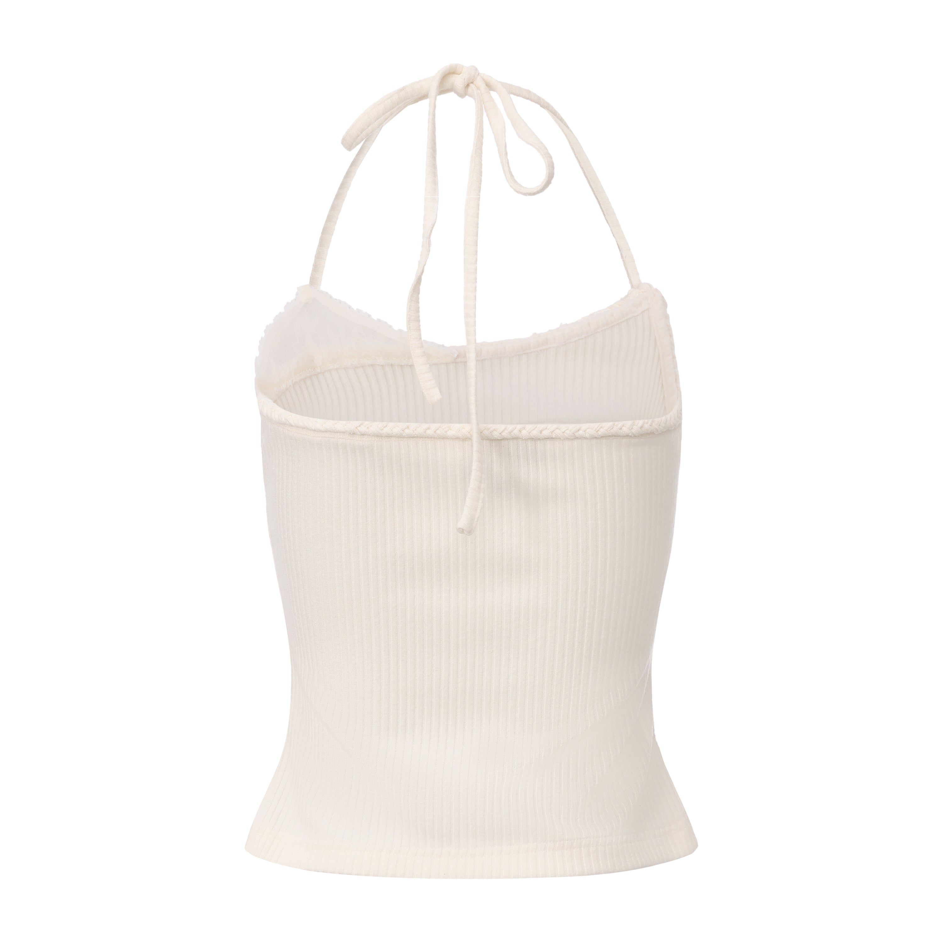 White Halterneck Knit Top With Lace Panels