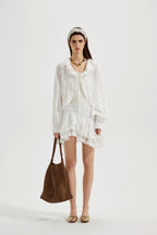 White Textured Lace-Trimmed Tops