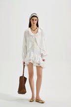 White Textured Lace-Trimmed Tops