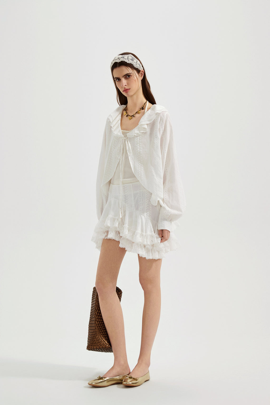 White Textured Lace-Trimmed Tops