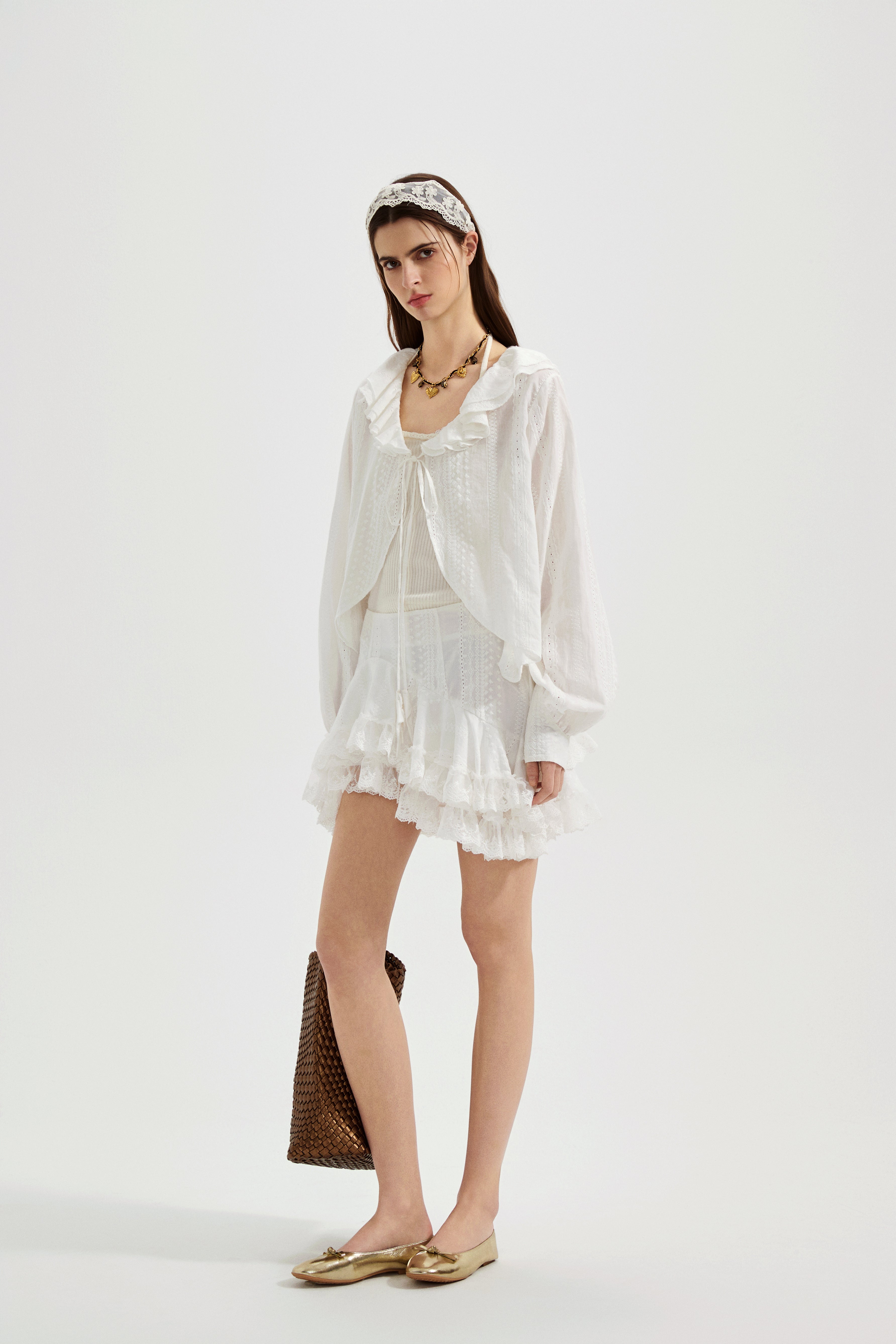 White Textured Lace-Trimmed Tops