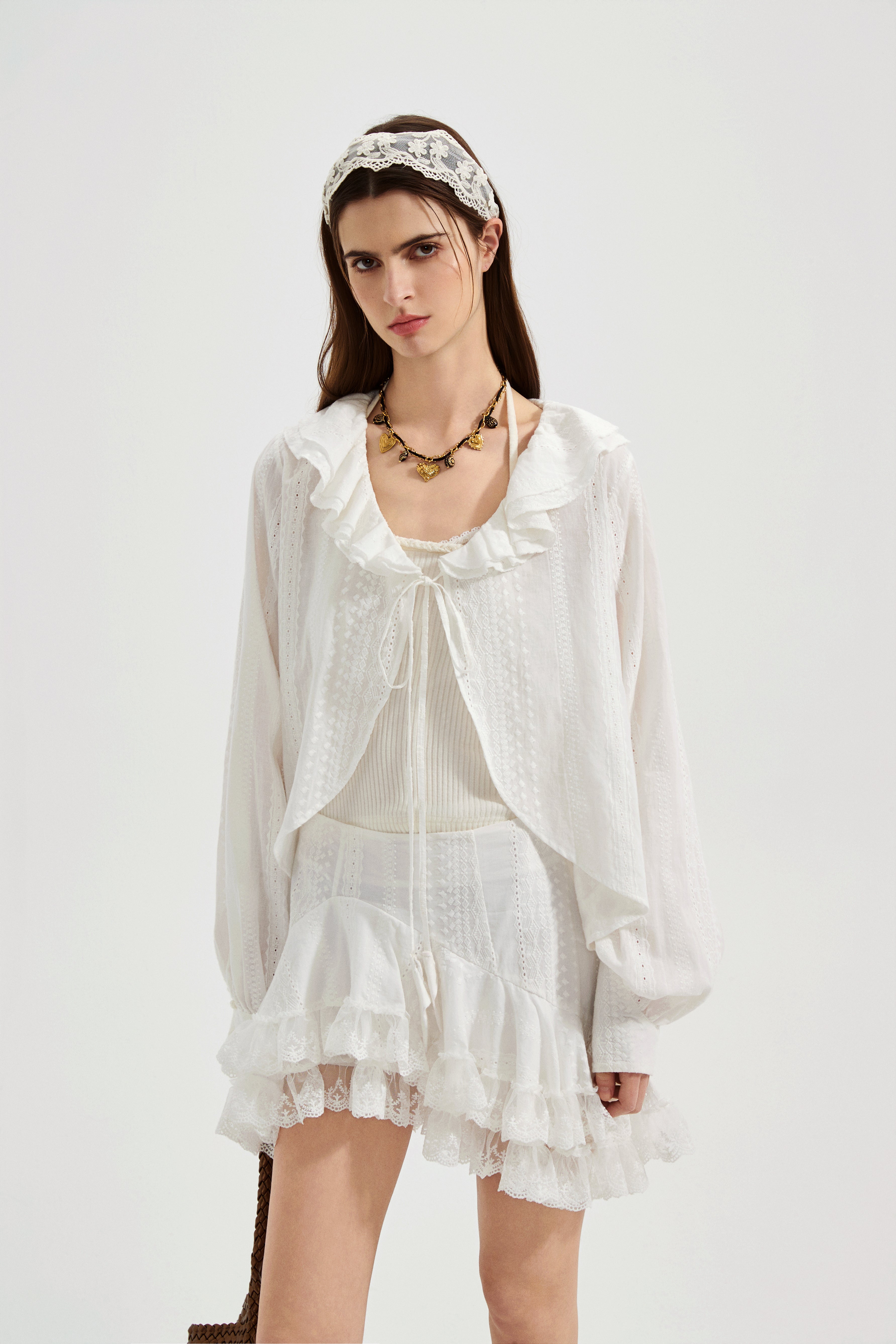 White Textured Lace-Trimmed Tops