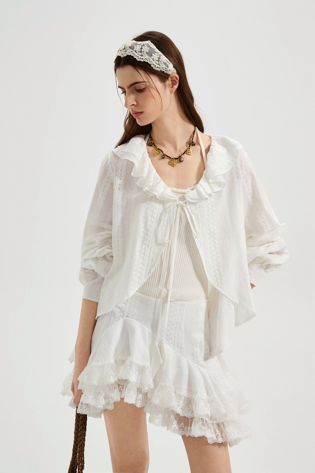 White Textured Lace-Trimmed Tops