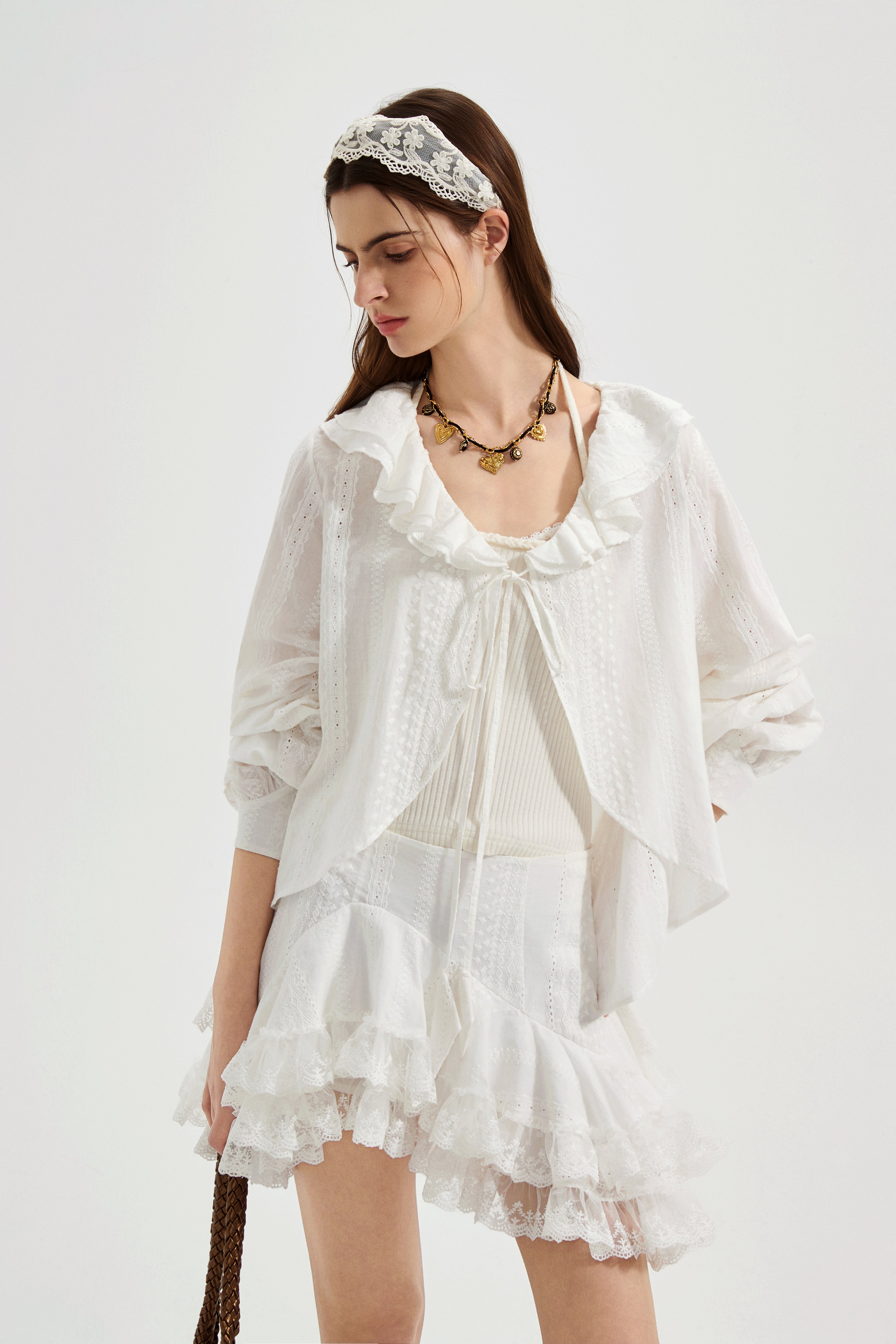 White Textured Lace-Trimmed Tops