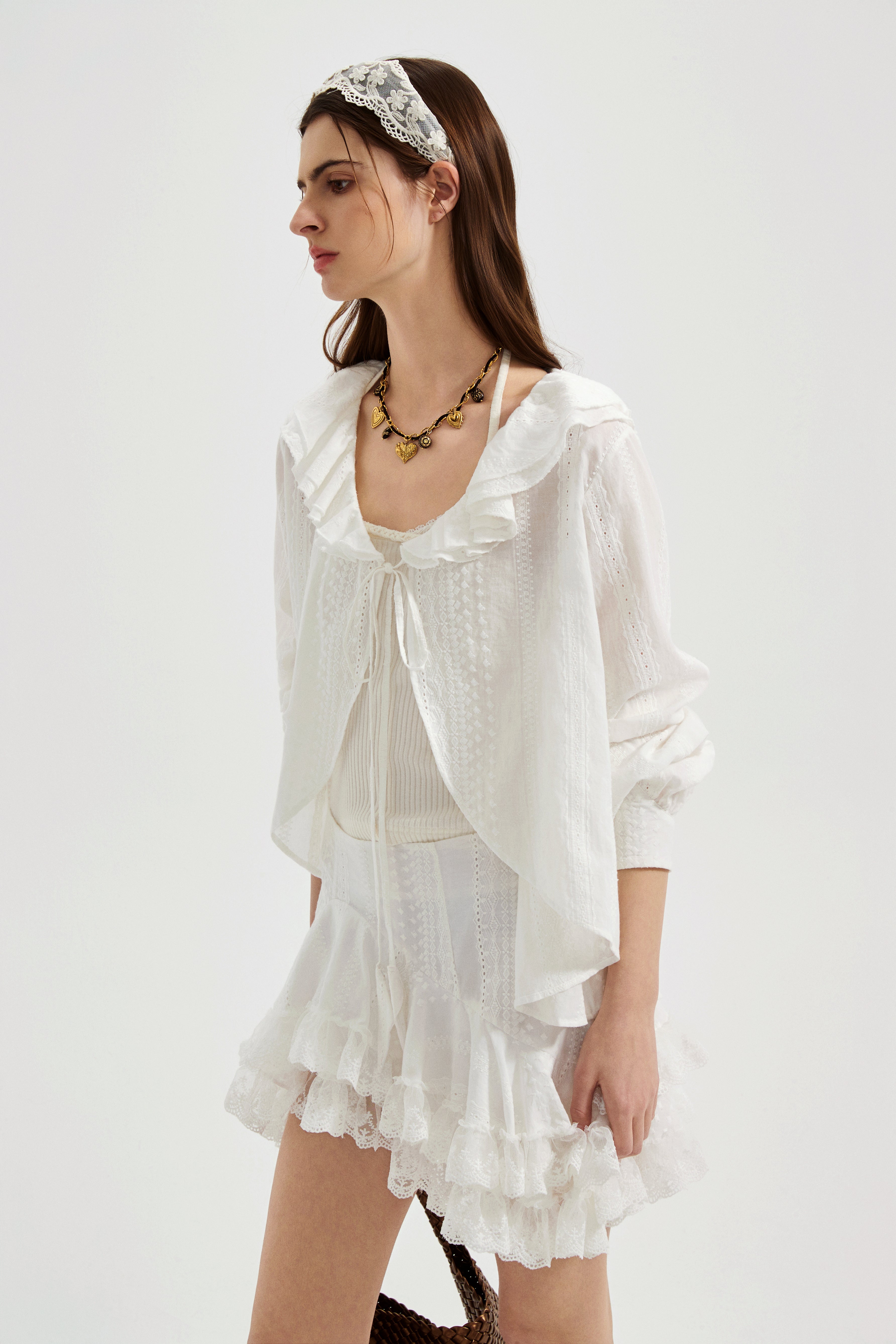 White Textured Lace-Trimmed Tops