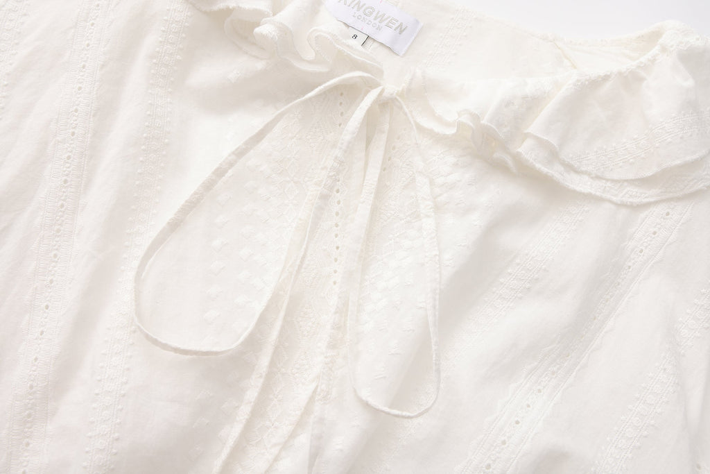 White Textured Lace-Trimmed Tops