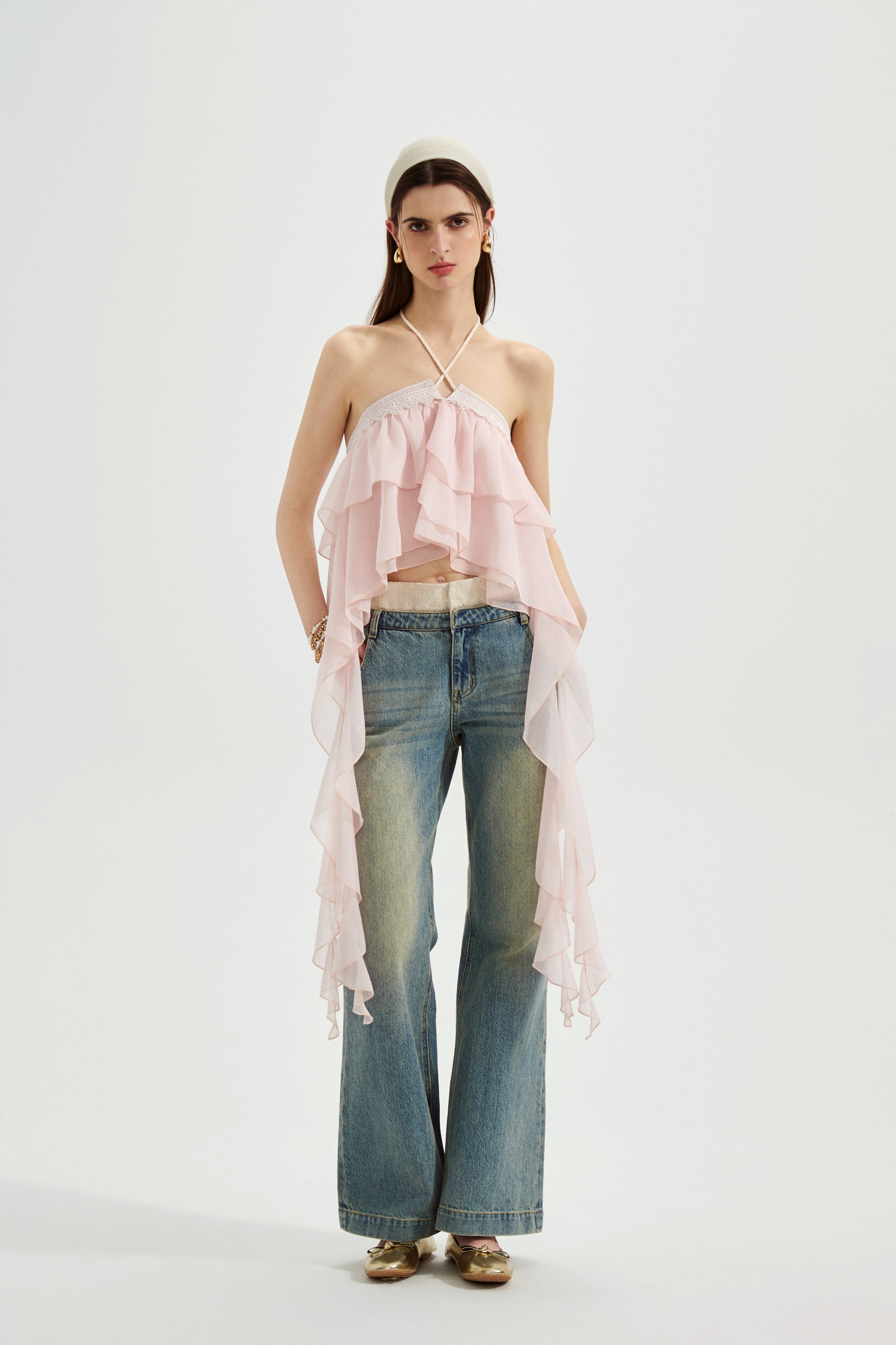 Pink Ribbon Woven Neck Top