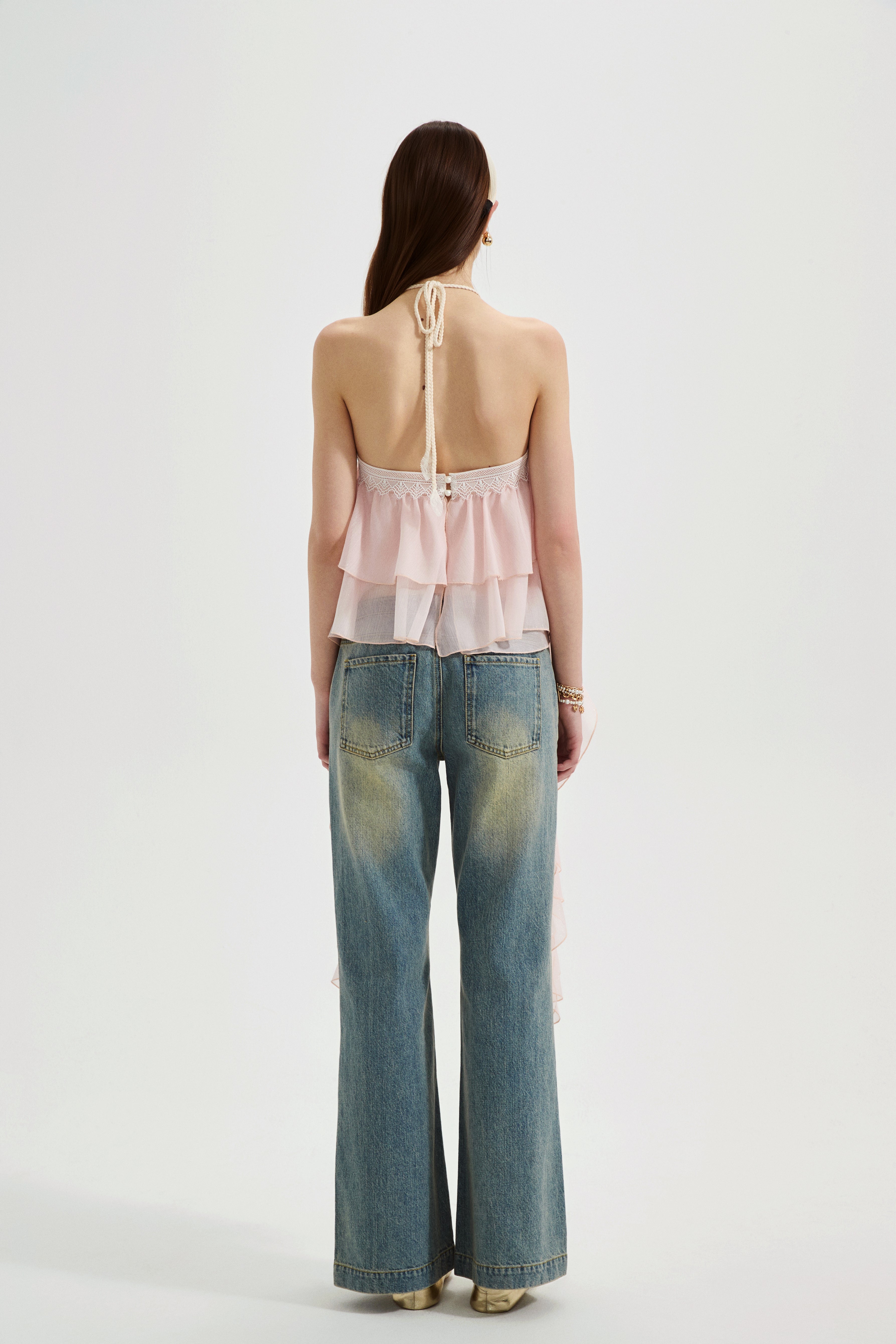 Pink Ribbon Woven Neck Top