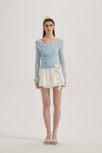 Blue Lace Flutter Neck Long Sleeved Top