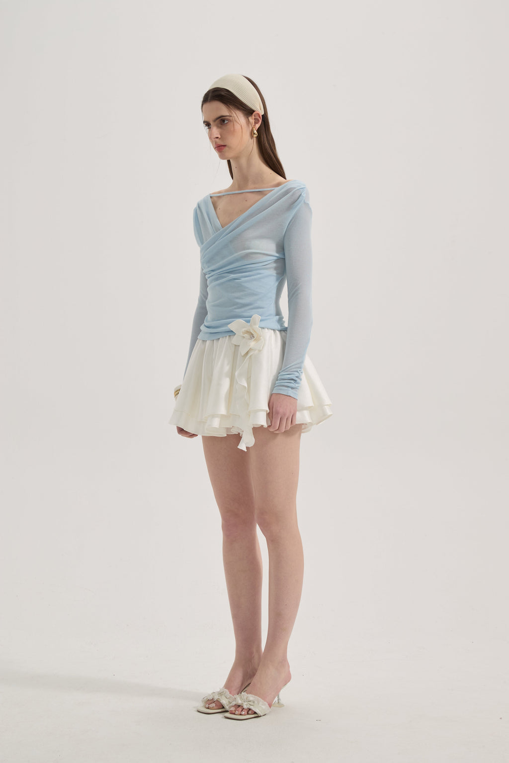 Blue Lace Flutter Neck Long Sleeved Top