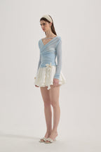 Blue Lace Flutter Neck Long Sleeved Top