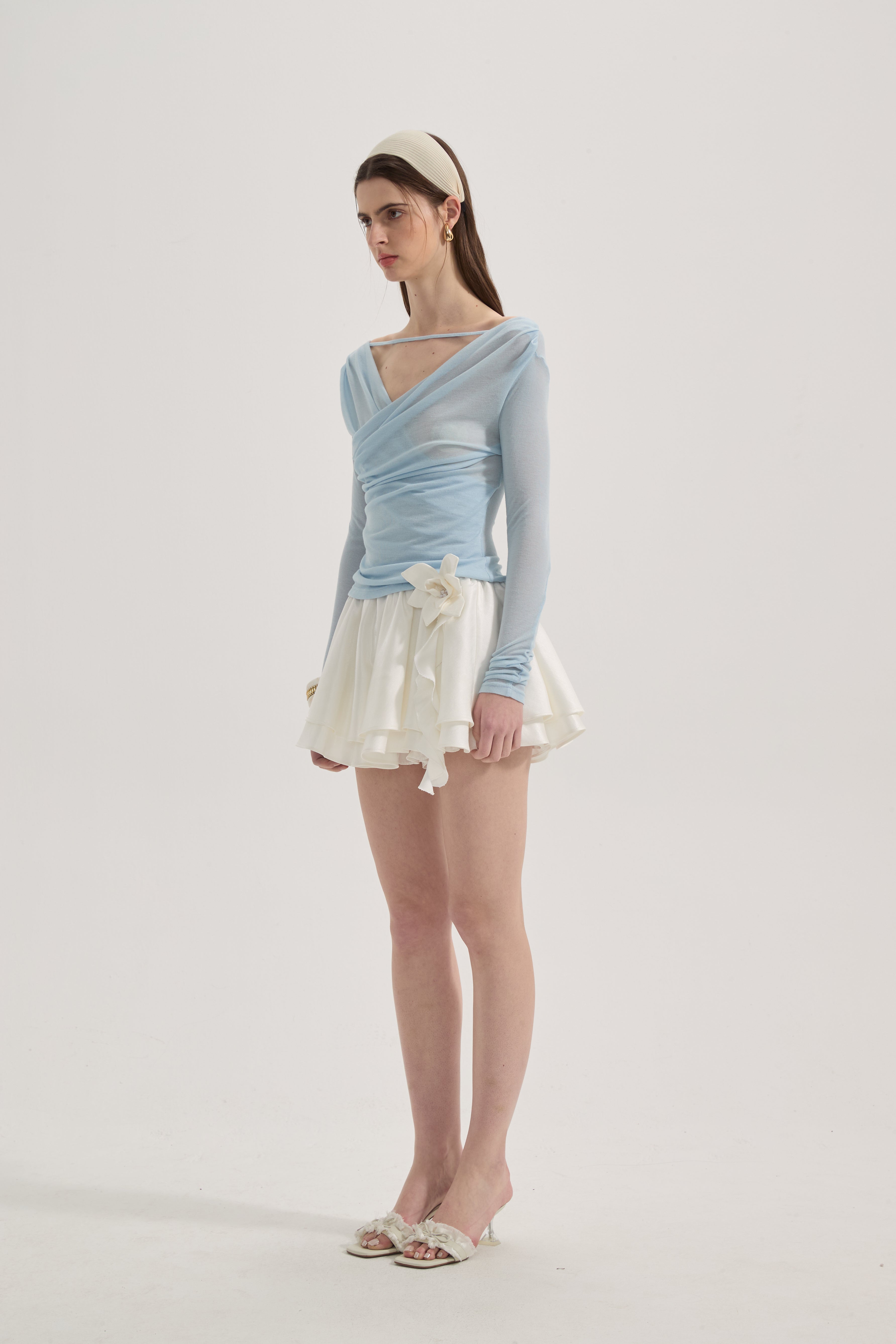 Blue Lace Flutter Neck Long Sleeved Top