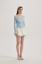 Blue Lace Flutter Neck Long Sleeved Top