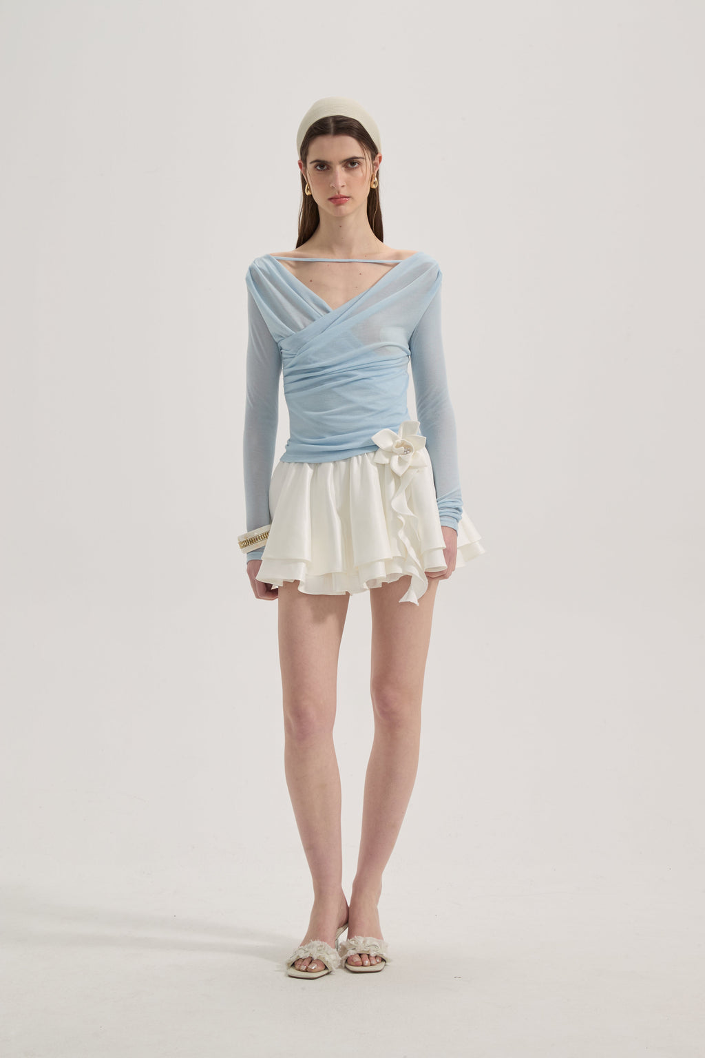 Blue Lace Flutter Neck Long Sleeved Top