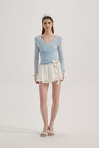 Blue Lace Flutter Neck Long Sleeved Top