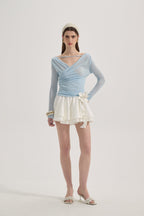 Blue Lace Flutter Neck Long Sleeved Top