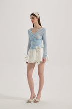 Blue Lace Flutter Neck Long Sleeved Top