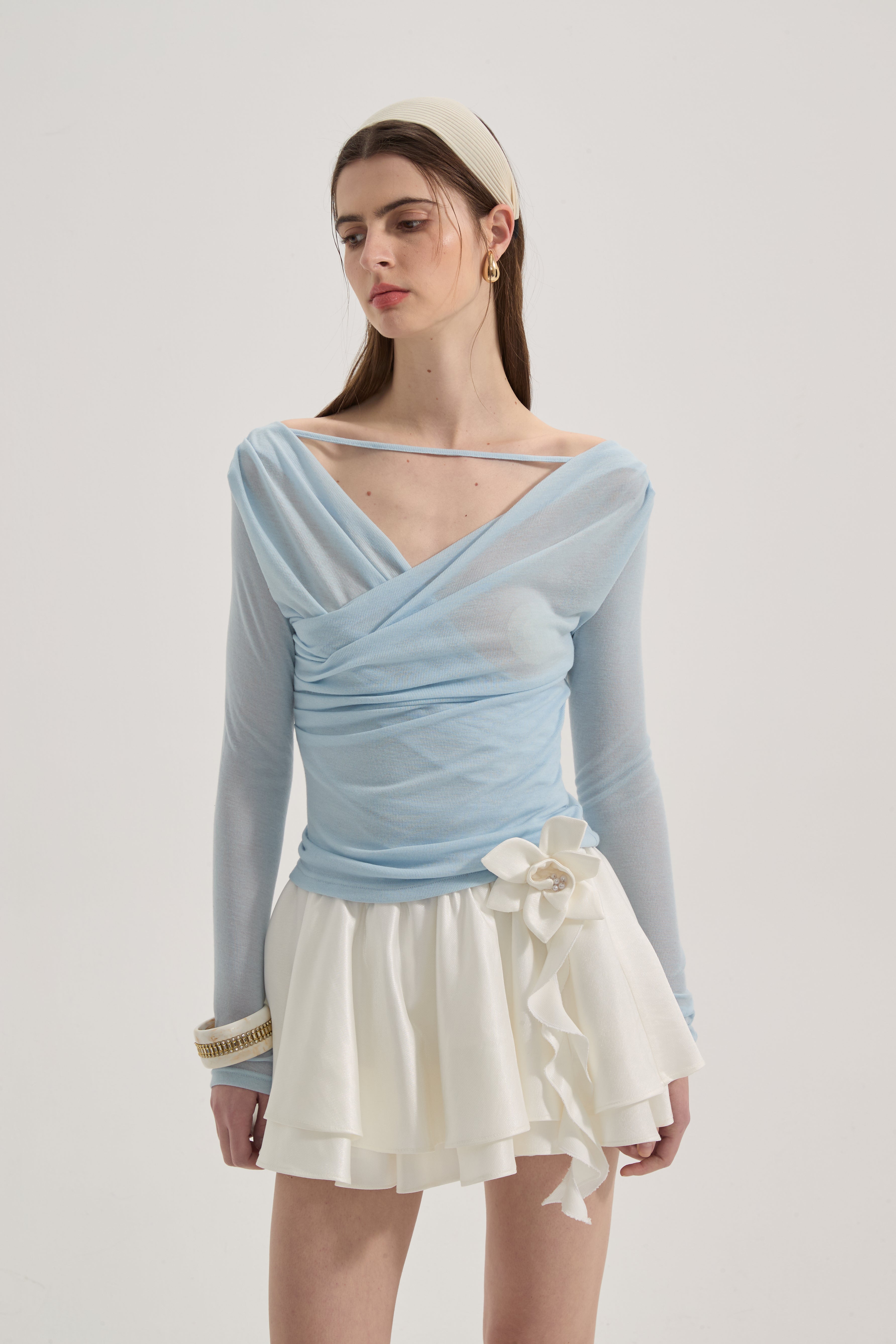 Blue Lace Flutter Neck Long Sleeved Top